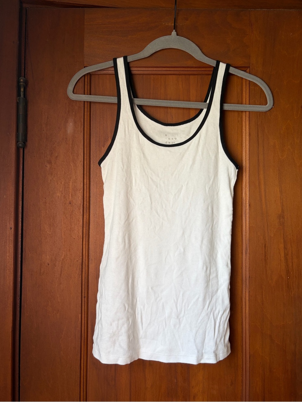 a new day White Tank Top with Black Trim